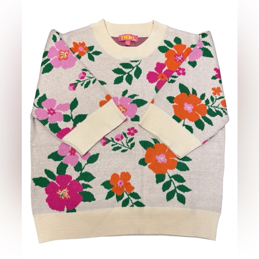 THML Cream Floral Knit Top with Pink and Orange Blooms - Picture 3 of 8